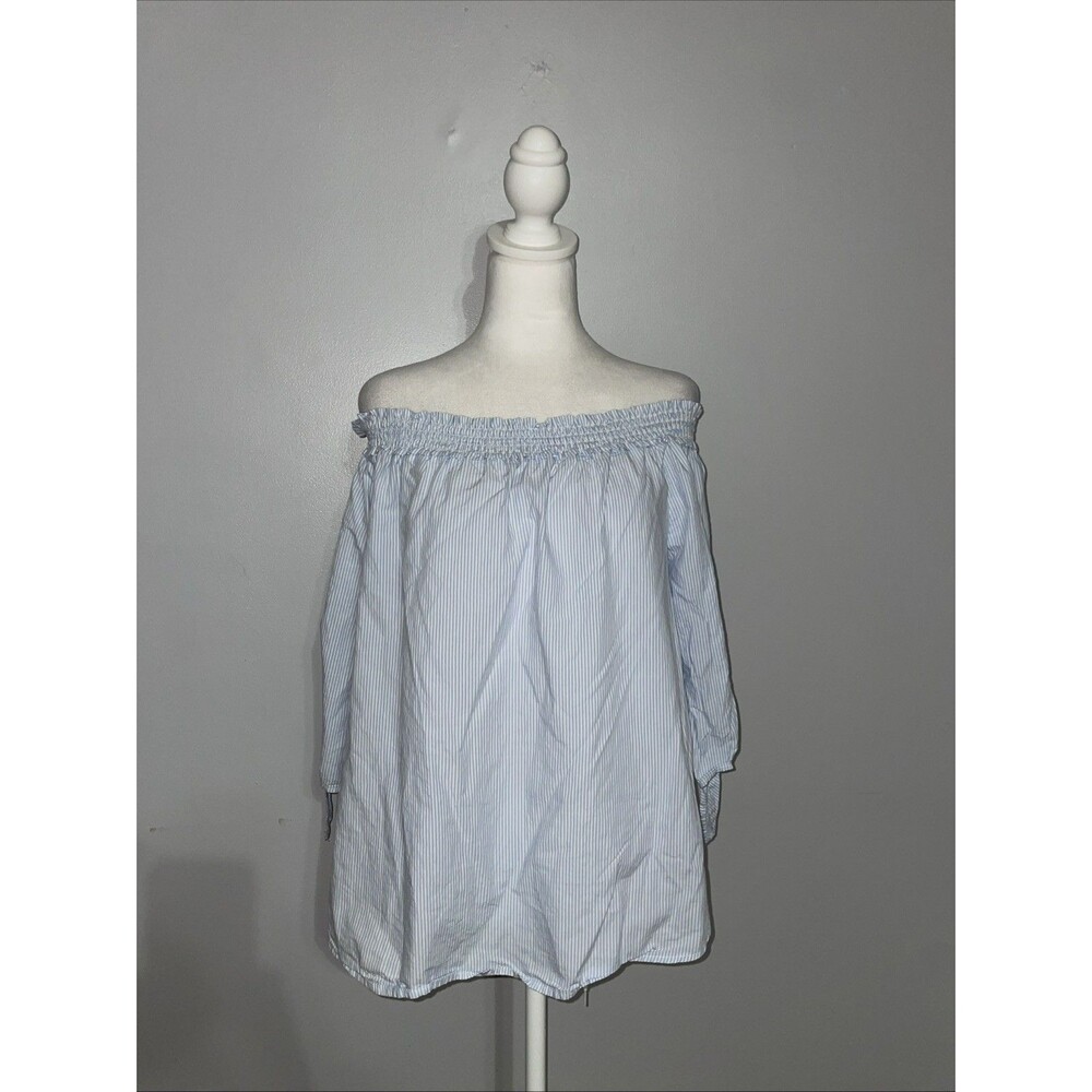 H&M L.O.G.G. Womens 6 Blue White Stripe Off Shoulder Smocked Tie Sleeve Top